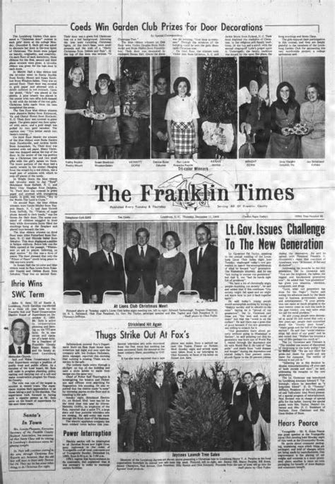 ) 1870-current, February 27, 1968, Image 1, presented by the <b>North Carolina</b> Digital Heritage Center in partnership with <b>Louisburg</b> College and University of <b>North Carolina</b> at Chapel Hill and State Archives of <b>North Carolina</b>. . Franklin times in louisburg nc